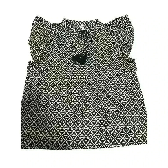 TheGET- Women’s Shirt Beige & Black Geometric Design With Ruffles Short Sleeves - Picture 1 of 4